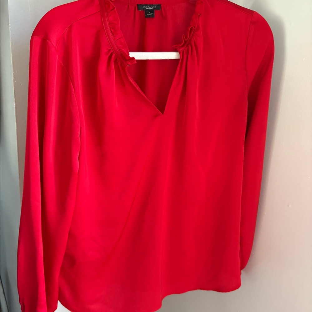 Ann Taylor Red Ruffle Neck Blouse